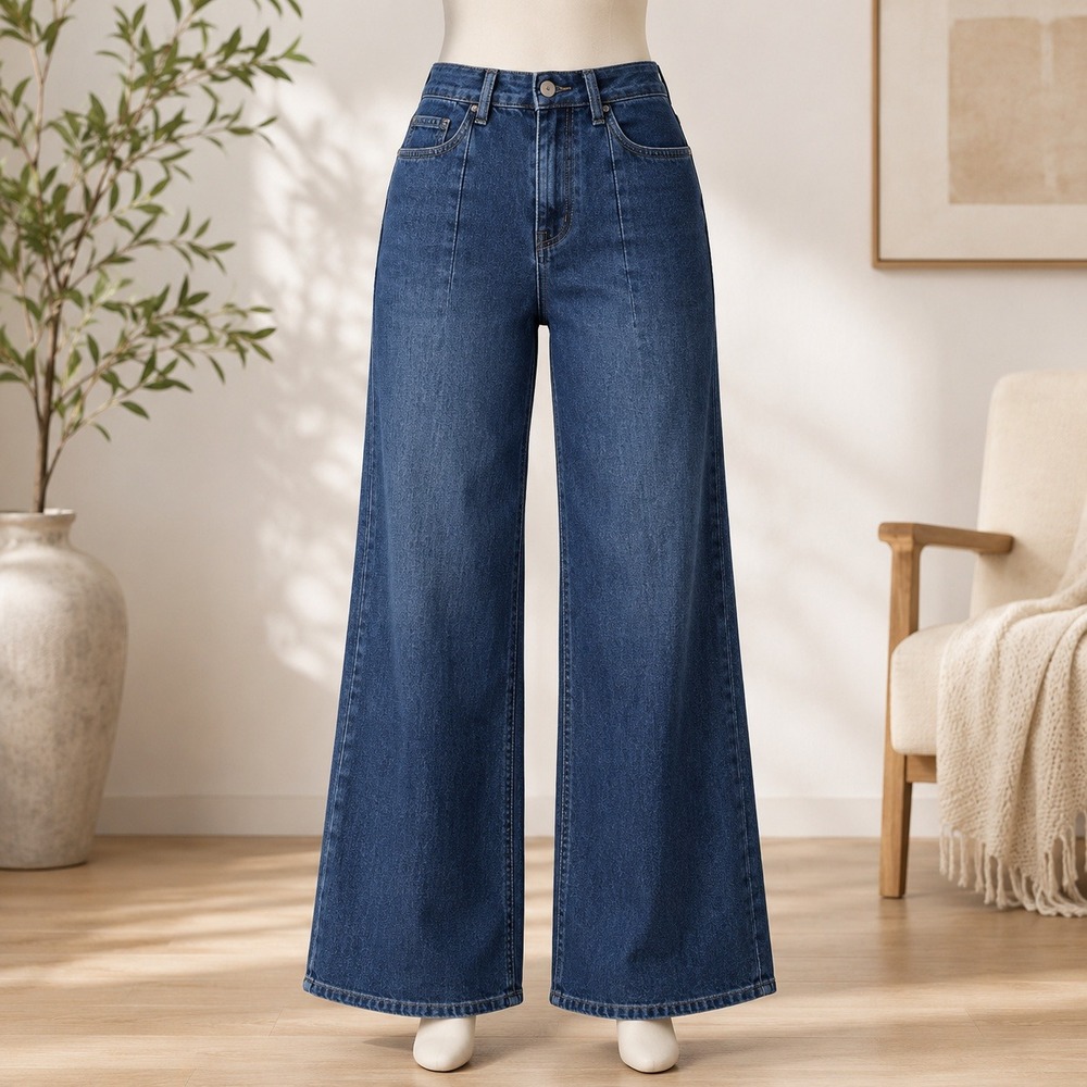 Warp + Weft Nice Cote Wide Leg Jeans Womens 6/28 Blue Dark Wash Stretch Seamed